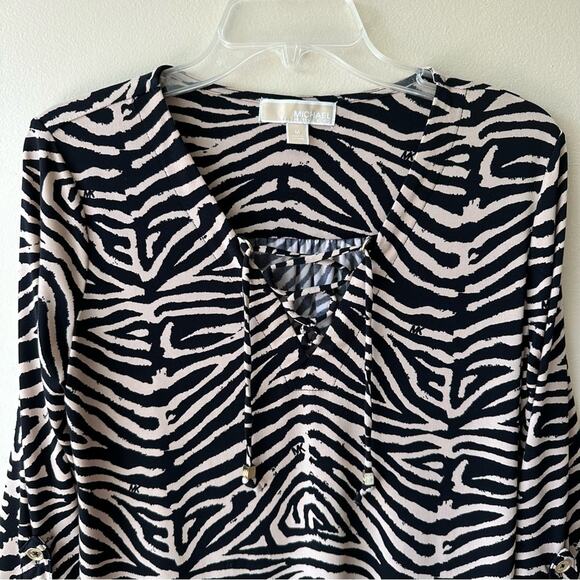 Michael Kors Sheath Dress Roll Tab Sleeves Zebra Print Black Cream Womens Medium - Picture 2 of 14